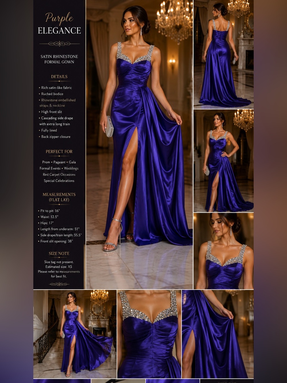 Purple Satin Rhinestone Ruched Formal Gown XS Approx